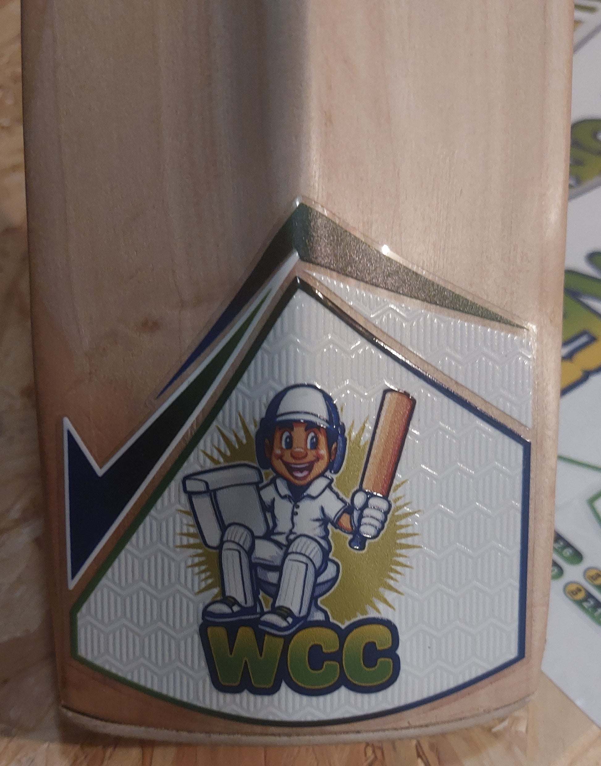Rear toe sticker on WC Cricket branded cricket bat