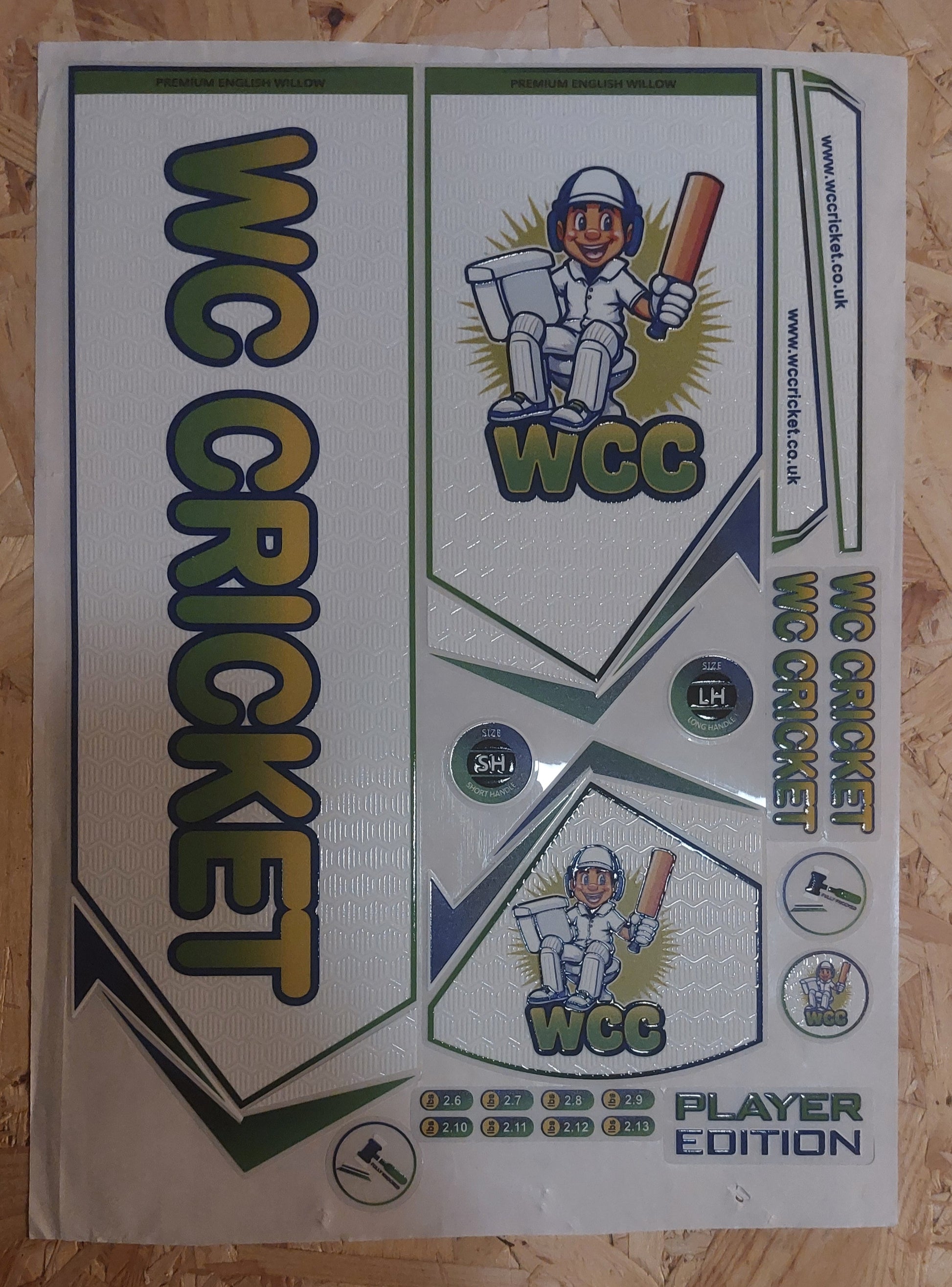 WC Cricket branded cricket bat stickers