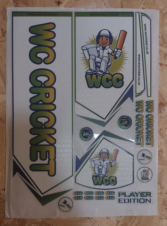 WC Cricket branded cricket bat stickers