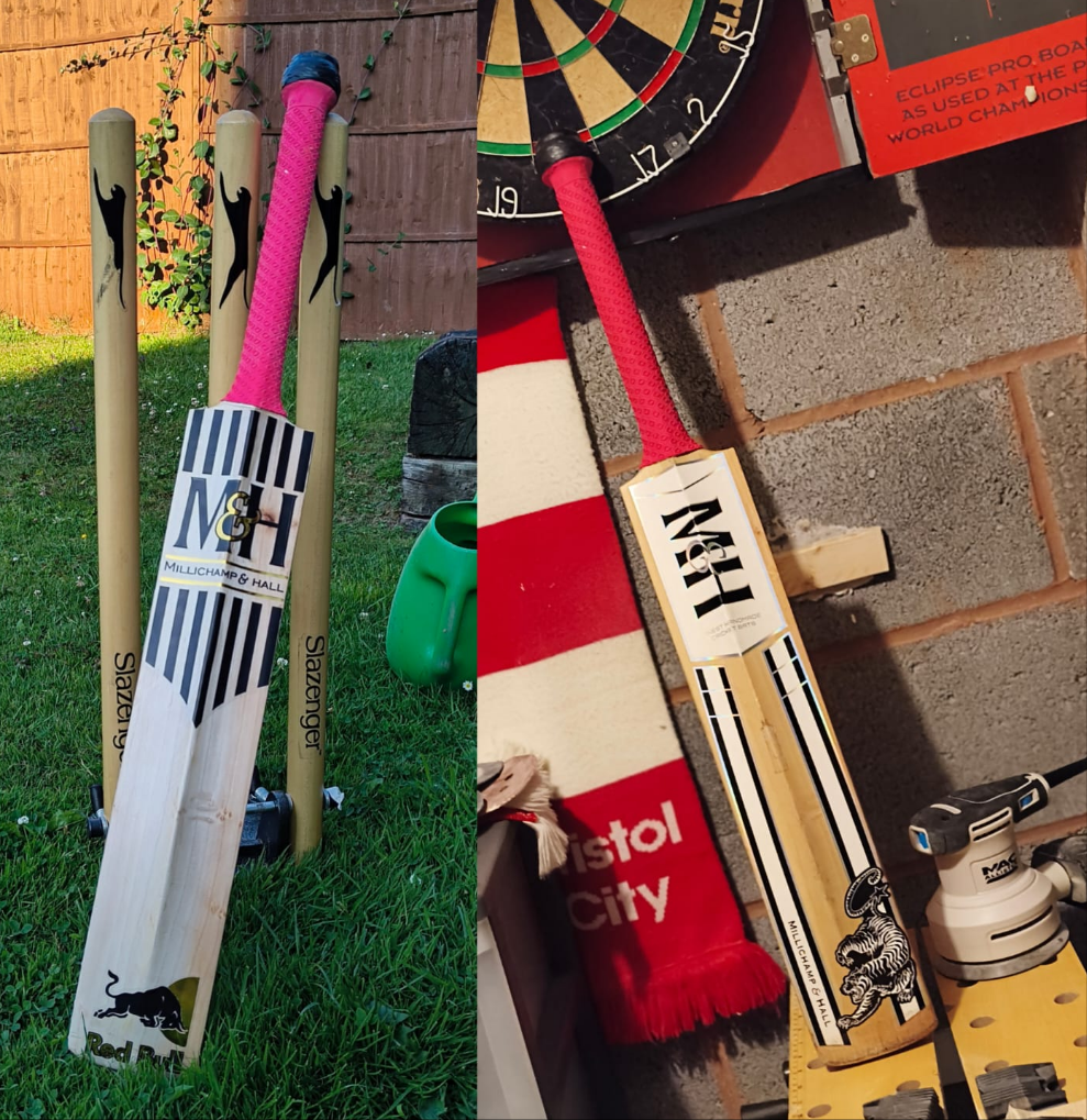 WC Cricket restored bat showing before and after with pink grip and stumps for cricket bat repair services
