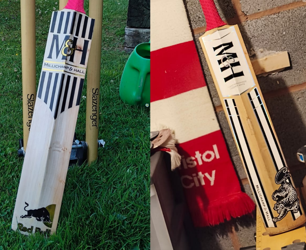 WC Cricket bat restoration before and after showing worn and refurbished bats to remove old cricket bat stickers