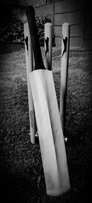 WC Cricket bat leaning against stumps on grass showing restored blade for cricket bat repair