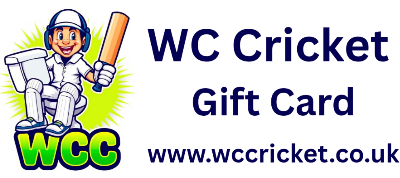 WC Cricket gift card featuring cartoon batsman logo and website address cricket bat repair gift card
