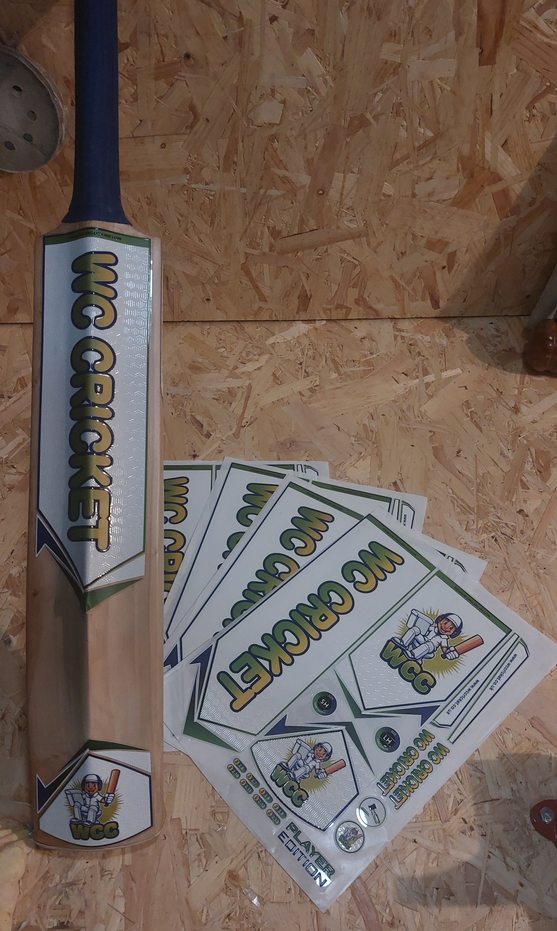 WC Cricket branded cricket bat stickers and cricket bat