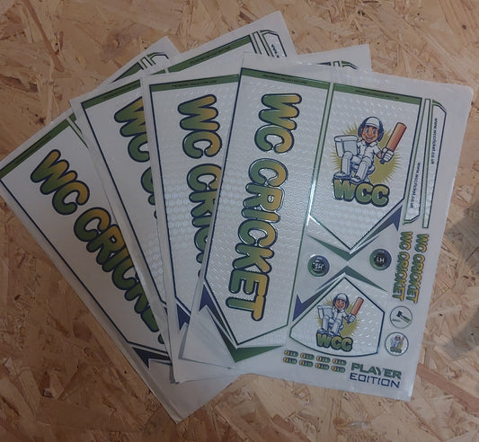 Multiple sets of WC Cricket branded cricket bat stickers